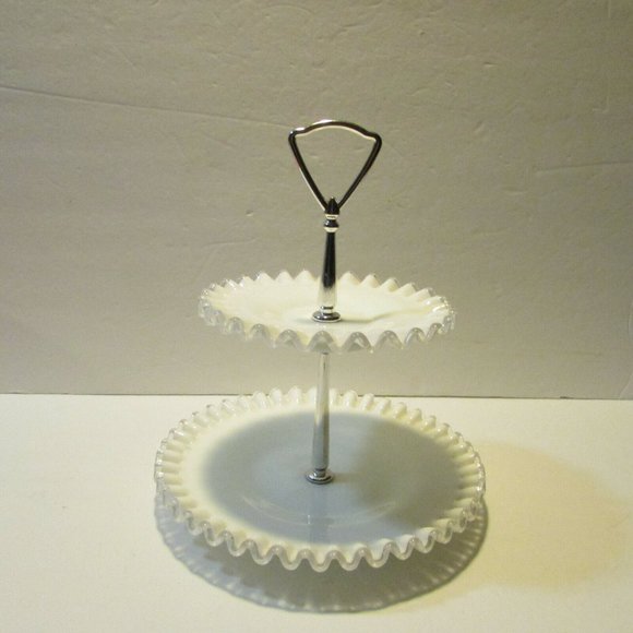 Fenton silver crest tidbit tray white with clear trim 2 tier serving plate - Picture 2 of 12